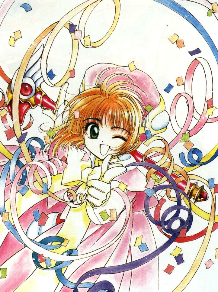 :d card_captor_sakura clamp fuuin_no_tsue kinomoto_sakura open_mouth ribbon smile