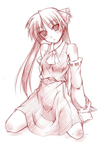 artist_request ascot bangs bare_shoulders cosplay detached_sleeves full_body hakurei_reimu hakurei_reimu_(cosplay) hiiragi_kagami long_hair looking_at_viewer lucky_star monochrome parted_bangs red_ribbon ribbon ribbon-trimmed_sleeves ribbon_trim shirt skirt sleeveless sleeveless_shirt solo source_request touhou