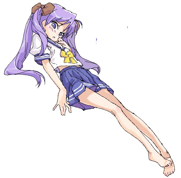 arm_at_side bangs bare_legs barefoot blouse blue_eyes blue_skirt blush bow brown_bow full_body hair_bow hand_to_own_mouth hiiragi_kagami irigomame long_hair looking_at_viewer lucky_star miniskirt pleated_skirt purple_hair ryouou_school_uniform school_uniform serafuku short_sleeves simple_background skirt solo twintails white_background white_blouse yellow_bow yellow_neckwear