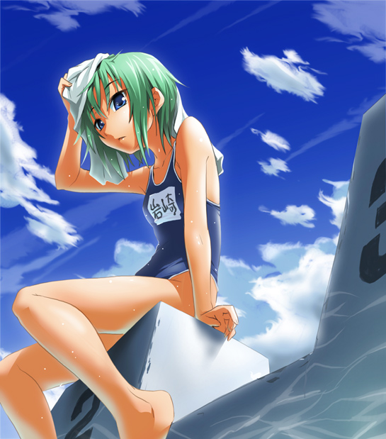 barefoot blue_eyes caustics cloud day green_hair iwasaki_minami lucky_star name_tag nilitsu one-piece_swimsuit pool poolside school_swimsuit short_hair sitting sky solo starting_block swimsuit