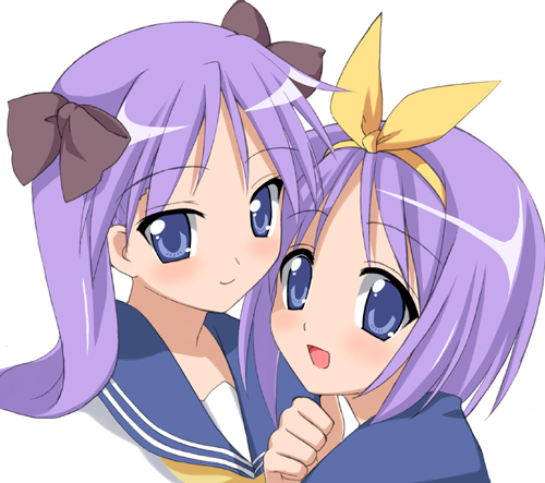 :d black_bow blush bow hair_bow hiiragi_kagami hiiragi_tsukasa looking_at_viewer lowres lucky_star multiple_girls open_mouth purple_hair r-type_nirvana ryouou_school_uniform school_uniform serafuku shirt siblings simple_background sisters smile twins upper_body white_background white_shirt yellow_bow yellow_neckwear