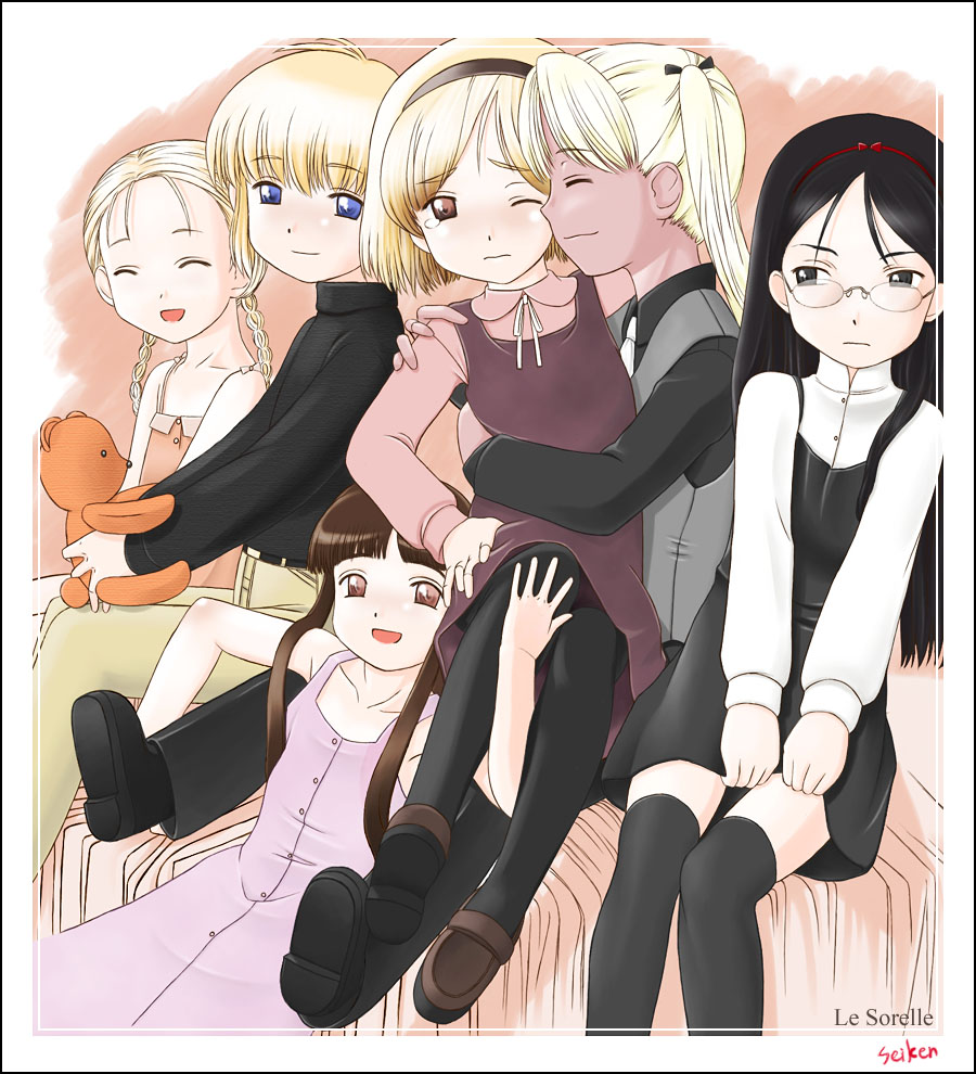 angelica claes dress elsa_de_sica glasses gunslinger_girl henrietta rico short_hair smile stuffed_animal tears teddy_bear thighhighs triela trielahug twintails