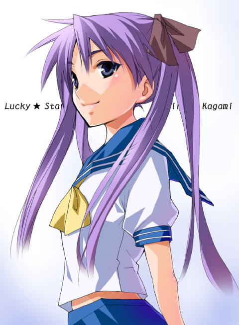 azu blue_eyes blue_skirt closed_mouth hiiragi_kagami long_hair looking_at_viewer lucky_star neckerchief pink_hair puffy_short_sleeves puffy_sleeves ryouou_school_uniform sailor_collar school_uniform serafuku short_sleeves sidelocks simple_background skirt smile solo twintails white_background yellow_neckwear