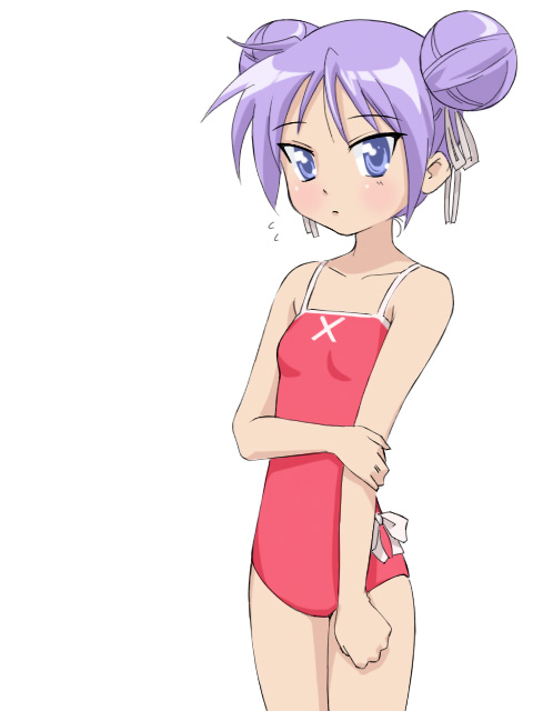 alternate_hairstyle bare_shoulders blue_eyes bow collarbone double_bun hair_ribbon hiiragi_kagami lucky_star one-piece_swimsuit purple_hair ribbon shy simple_background solo swimsuit takahashi_ren tsurime