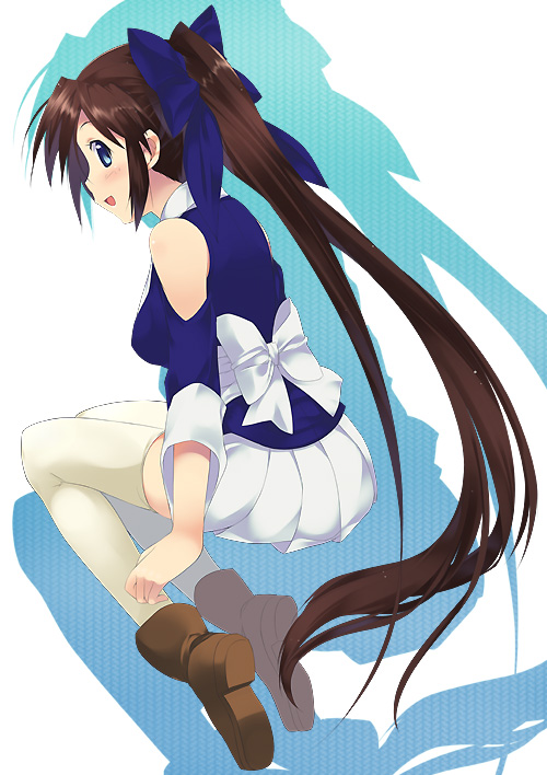 :o ankle_boots apron bare_shoulders blue_eyes blush boots bow brown_footwear brown_hair full_body mizuki_makoto nagasarete_airantou open_mouth pleated_skirt ponytail sitting skirt solo suzu_(nagasarete_airantou) thighhighs waist_apron white_bow white_skirt yokozuwari zettai_ryouiki