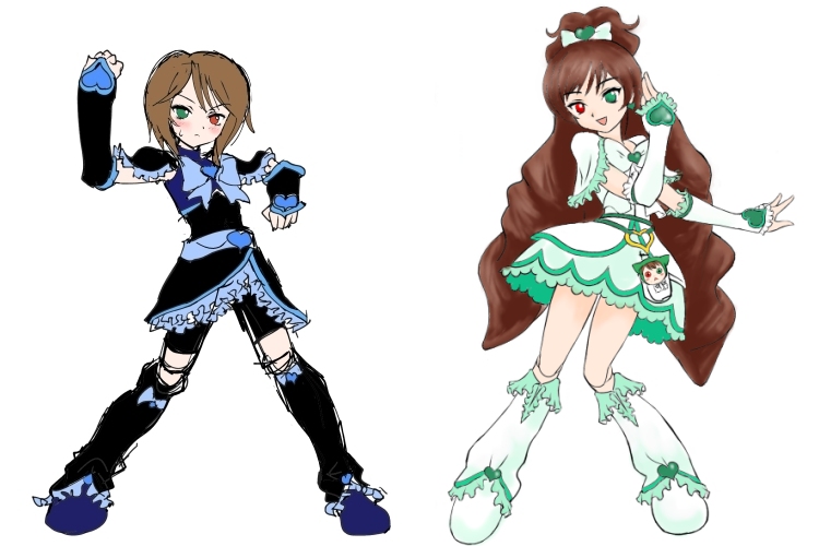 4girls alternate_color artist_request boots brown_hair cosplay cure_black cure_black_(cosplay) cure_white cure_white_(cosplay) desu futari_wa_precure half_updo heterochromia knee_boots long_hair magical_girl multiple_girls pose precure rozen_maiden short_hair siblings sisters souseiseki suiseiseki twins white_background