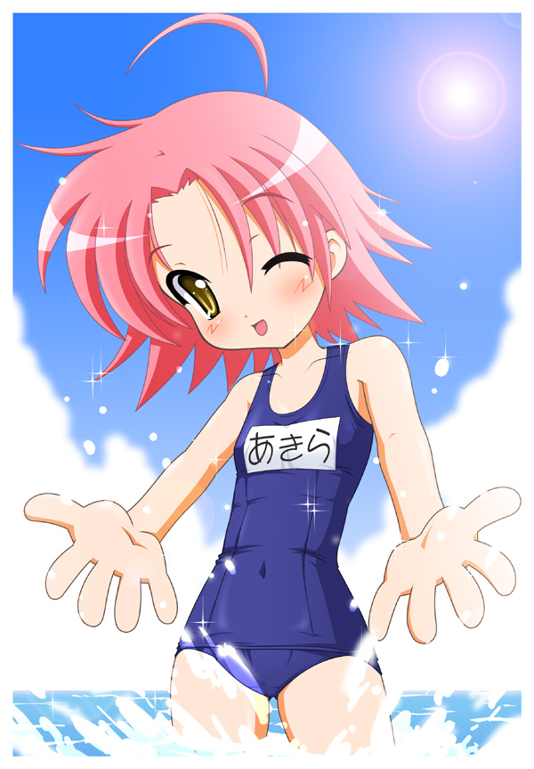 1girl kogami_akira lucky_star name_tag one-piece_swimsuit red_hair school_swimsuit solo swimsuit yellow_eyes