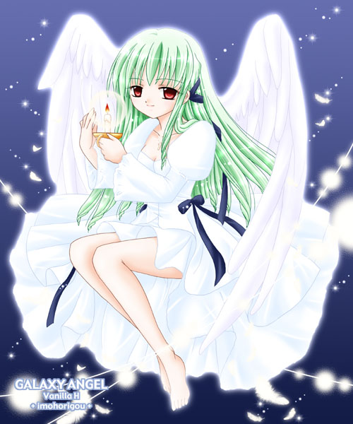 1girl angel_wings artist_name bangs barefoot candlestick character_name copyright_name feathers galaxy_angel gradient gradient_background green_hair long_hair looking_at_viewer puffy_sleeves red_eyes simple_background smile solo vanilla vanilla_h wings yufuji_saeka