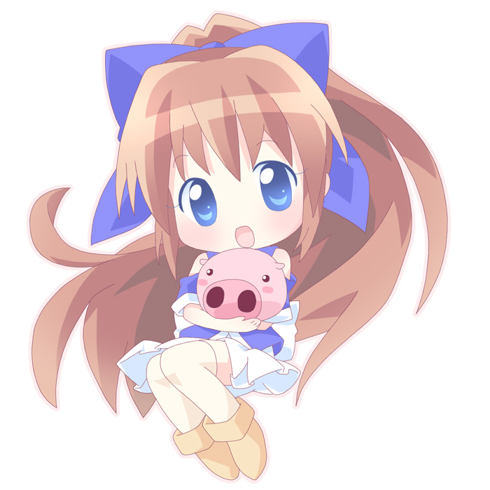 blue_eyes blush blush_stickers boots brown_hair chibi hair_ribbon holding japanese_clothes long_hair mirai_(sugar) nagasarete_airantou open_mouth pig ponytail ribbon sitting skirt solo suzu_(nagasarete_airantou) thighhighs tonkatsu_(nagasarete_airantou) very_long_hair