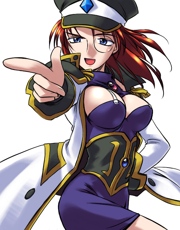1girl blue_eyes cleavage_cutout forte_stollen galaxy_angel monocle peaked_cap pointing red_hair simple_background solo stollen_forte white_background