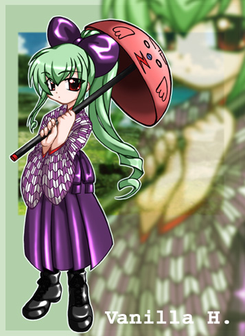 1girl broccoli_(company) character_name galaxy_angel green_hair high_ponytail japanese_clothes looking_at_viewer lowres normad ponytail red_eyes solo umbrella vanilla vanilla_h very_long_hair zoom_layer