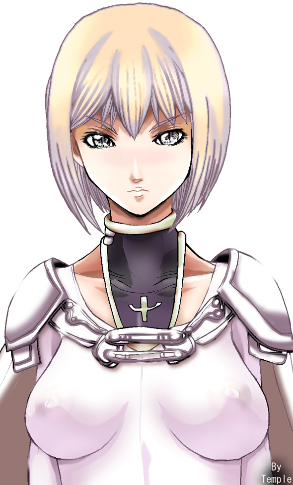 armor bangs blonde_hair breasts cape clare_(claymore) claymore covered_nipples impossible_clothes impossible_shirt large_breasts looking_at_viewer shirt short_hair silver_eyes simple_background solo temple_(artist) turtleneck upper_body white_background
