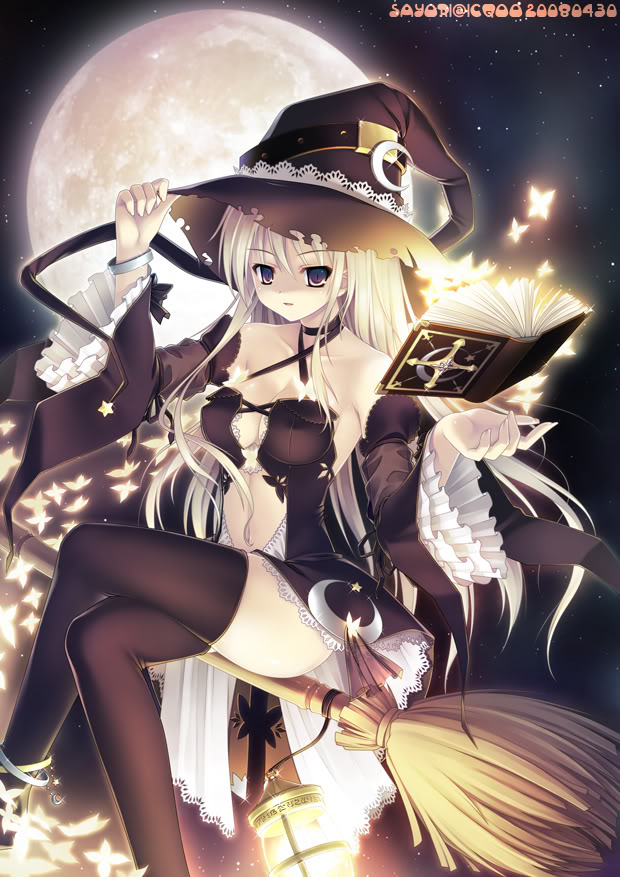 book breasts broom broom_riding butterfly cleavage hat moon night silver_hair thigh-highs thighhighs tome witch witch_hat