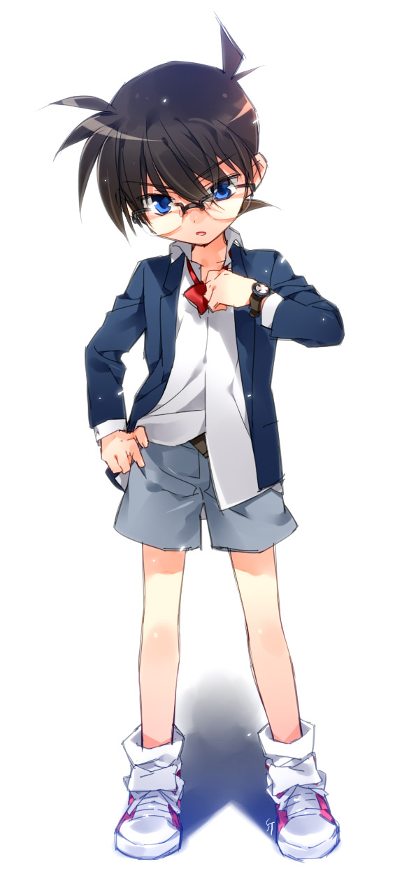 adjusting_bow adjusting_clothes belt black_hair blue_eyes bow bowtie brown_hair child edogawa_conan formal glasses hand_on_hip highres male_focus meitantei_conan open_mouth shorts solo suit toujou_sakana watch wristwatch