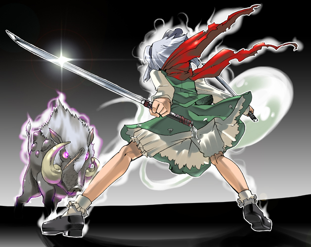 boar crossover gengorou hitodama konpaku_youmu konpaku_youmu_(ghost) mononoke_hime solo sword touhou weapon