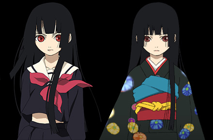 black_hair enma_ai japanese_clothes jigoku_shoujo kimono lowres red_eyes school_uniform seifuku serafuku