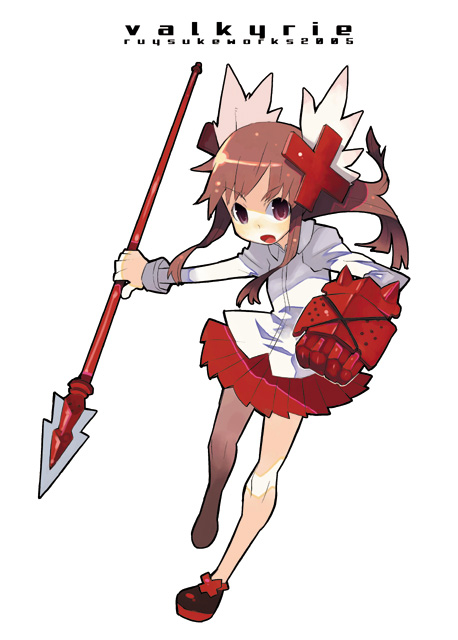 2005 brown_hair dated hamamoto_ryuusuke holding long_sleeves open_mouth original polearm purple_eyes simple_background skirt solo weapon white_background