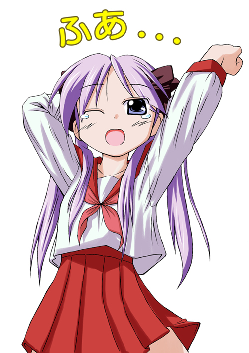 1girl blue_eyes hair_ribbon hiiragi_kagami long_hair lucky_star open_mouth purple_hair ribbon school_uniform simple_background solo stretch tears twintails wink yawning