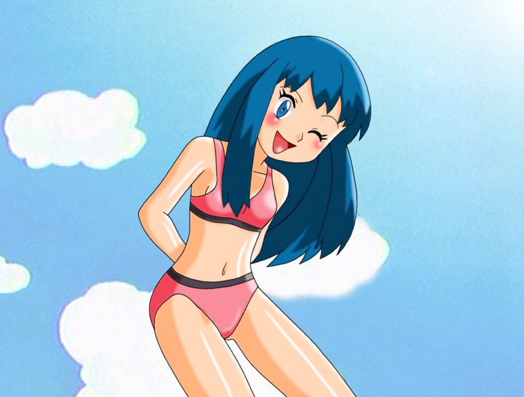 1girl bikini hikari_(pokemon) melon pokemon solo swimsuit wink