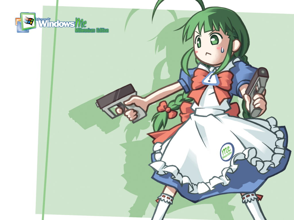 :&lt; ahoge artist_request back_bow blush_stickers bow braid character_name dual_wielding green_eyes green_hair gun handgun holding holding_gun holding_weapon huge_ahoge maid me-tan os-tan pistol solo sweatdrop twin_braids twintails weapon