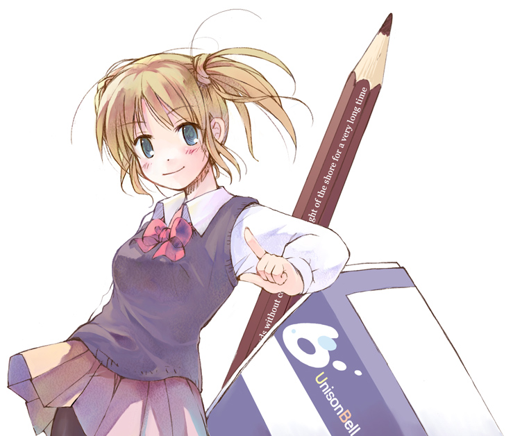 bad_id bad_source black_legwear blonde_hair blue_eyes blush character_request eraser hair_ribbon long_sleeves minigirl nonaka_yuu original oversized_object pantyhose pencil pleated_skirt ranguage ribbon school_uniform simple_background skirt smile solo source_request sweater_vest twintails white_background wooden_pencil