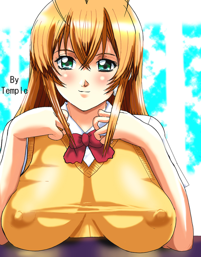 bb blonde_hair bow breasts cleavage erect_nipples green_eyes ikkitousen large_breasts nipples school_uniform schoolgirl see-through serafuku sitting smile sonsaku_hakufu temple_(artist)