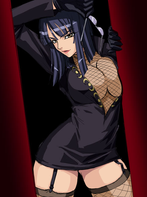 arm_up bangs black_dress black_gloves black_hair breast_press breasts cleavage cosplay cowboy_shot doorway dress eyewear_removed fishnet_legwear fishnets garter_straps glasses gloves high_collar holding holding_eyewear kagami_hirotaka kalifa kalifa_(cosplay) large_breasts lipstick long_hair long_sleeves looking_at_viewer makeup nico_robin no_bra one_piece parted_lips red_lipstick shiny shiny_hair short_dress sketch solo thighhighs wide_hips zettai_ryouiki