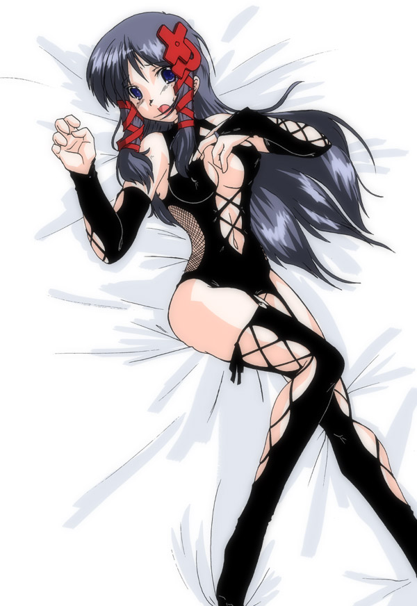 45acp :o bed_sheet black_legwear blue_eyes breasts bridal_gauntlets cleavage corset covered_nipples fishnets grey_hair hair_ornament hair_ribbon large_breasts long_hair lying on_back open_mouth os-tan ribbon solo thighhighs tress_ribbon x_hair_ornament xp-tan