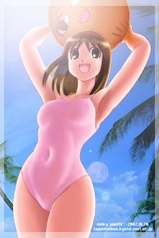 2002 :d armpits arms_up azumanga_daiou ball beachball brown_eyes brown_hair carrying_overhead casual_one-piece_swimsuit chiyo_chichi day holding_beachball kasuga_ayumu lens_flare navel one-piece_swimsuit open_mouth outdoors palm_tree pink_background pink_swimsuit sky smile solo sunlight swimsuit tappi tree wide_hips