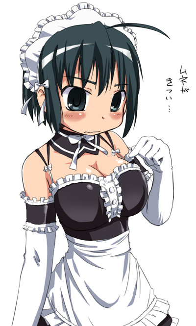 ahoge arm_garter black_eyes black_hair breast_poke breasts cleavage elbow_gloves gloves kore_ga_watashi_no_goshujin-sama large_breasts maid maid_headdress nagian nakabayashi_yoshitaka's_maid_uniform poking sawatari_izumi short_hair solo white_gloves