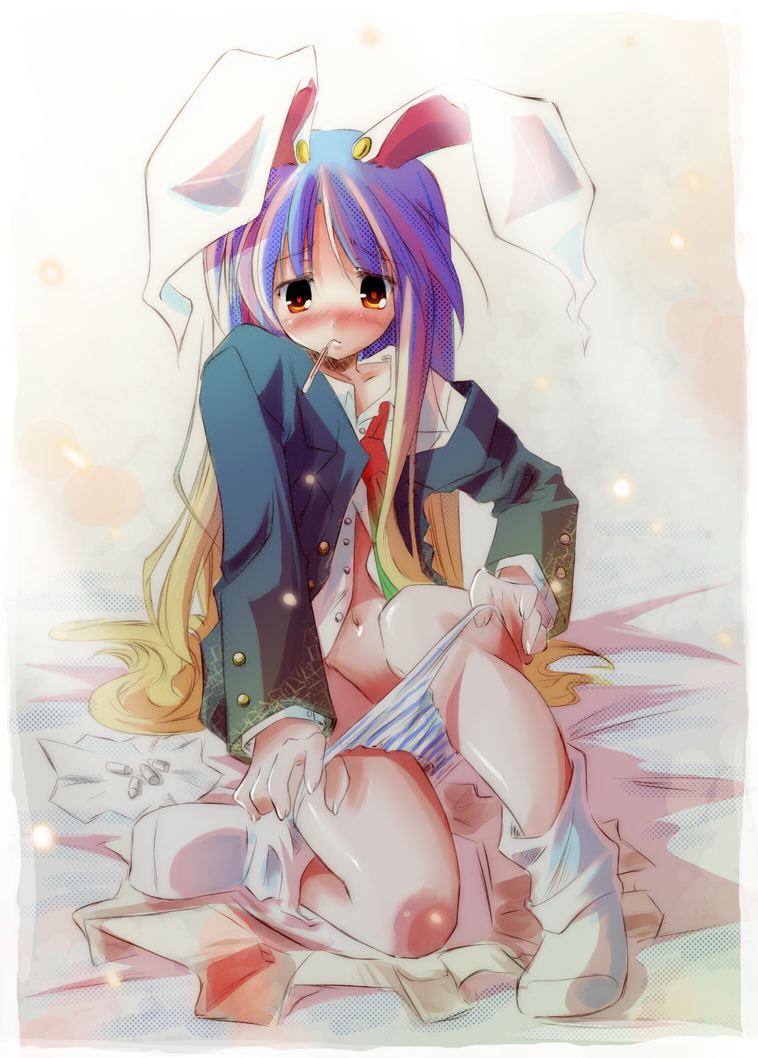 animal_ears blue_panties blush bunny_ears gradient_hair heart kamiya_yuu long_sleeves multicolored_hair navel open_clothes open_shirt panties panty_pull reisen_udongein_inaba shirt socks solo striped striped_panties thermometer touhou underwear undressing