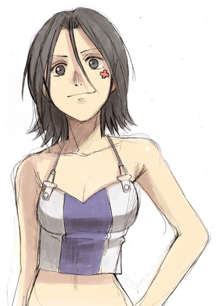 bare_arms bare_shoulders black_eyes black_hair breasts camisole cleavage crop_top eureka_seven eureka_seven_(series) hair_between_eyes light_smile medium_breasts midriff navel short_hair simple_background sketch sleeveless smile solo talho_yuuki tattoo upper_body white_background yu_65026