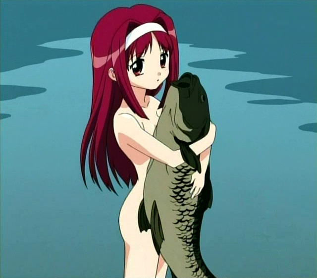 akari_(konomini) animal fish flat_chest hairband hug kono_minikuku_mo_utsukushii_sekai long_hair nude object_hug outdoors red_eyes red_hair screencap solo water