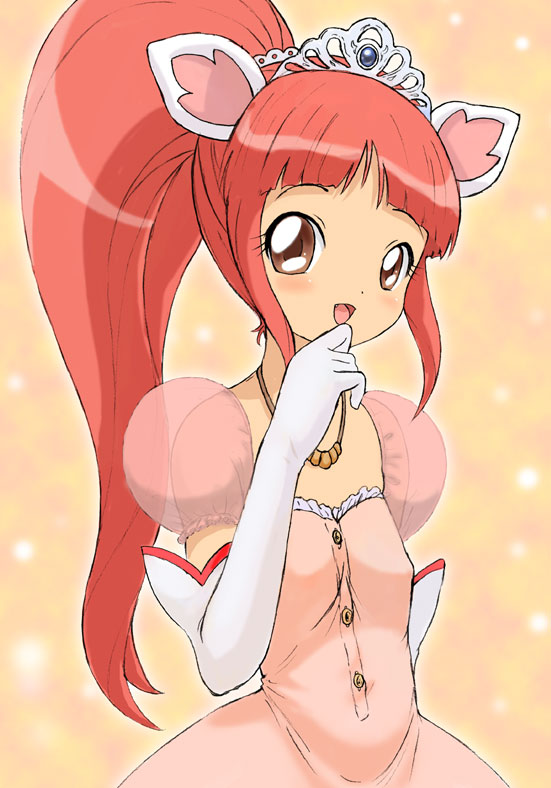 :d animal_ears blush brown_eyes cat_ears elbow_gloves fang fushigiboshi_no_futago_hime gloves heika_(heikahp) jewelry leonne looking_at_viewer necklace open_mouth ponytail red_hair see-through smile solo standing tiara white_gloves