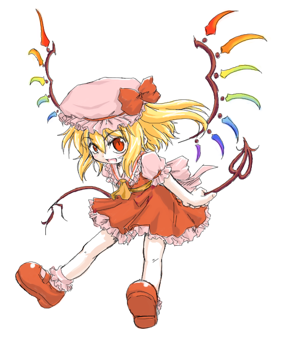 alternate_wings blonde_hair flandre_scarlet hat laevatein mary_janes neko_shiki_(artist) red_eyes shoes solo touhou wings