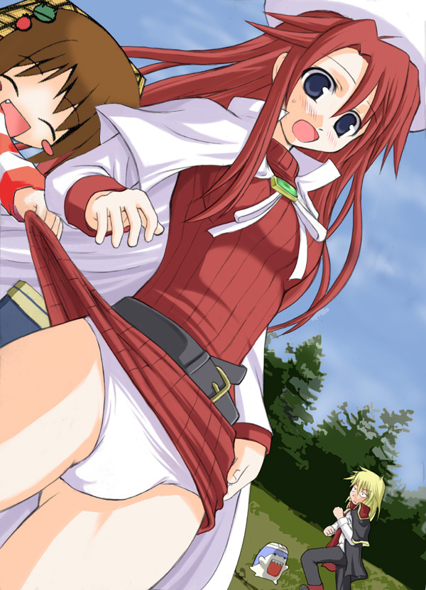 2girls akino_hamo assisted_exposure aty_(summon_night) belt beret blonde_hair blue_eyes blush brown_hair cape day dress dress_lift dutch_angle fang hat kyle_(summon_night) long_sleeves multiple_girls open_mouth outdoors panties red_hair suigetsu summon_night summon_night_3 surprised surprised_arms third-party_edit underwear waha waha_skirt_lift white_panties yamato_suzuran