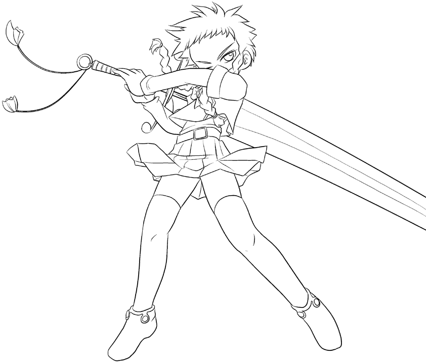 artist_request belt braid full_body greyscale huge_weapon long_hair minagi_mikoto monochrome my-hime one_eye_closed shoes simple_background skirt solo sword thighhighs twin_braids weapon white_background