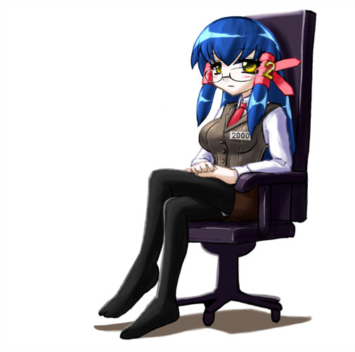 2k-tan artist_request blue_hair chair crossed_legs glasses hair_tubes hands_on_lap long_sleeves office_chair os-tan pantyhose sidelocks sitting solo yellow_eyes