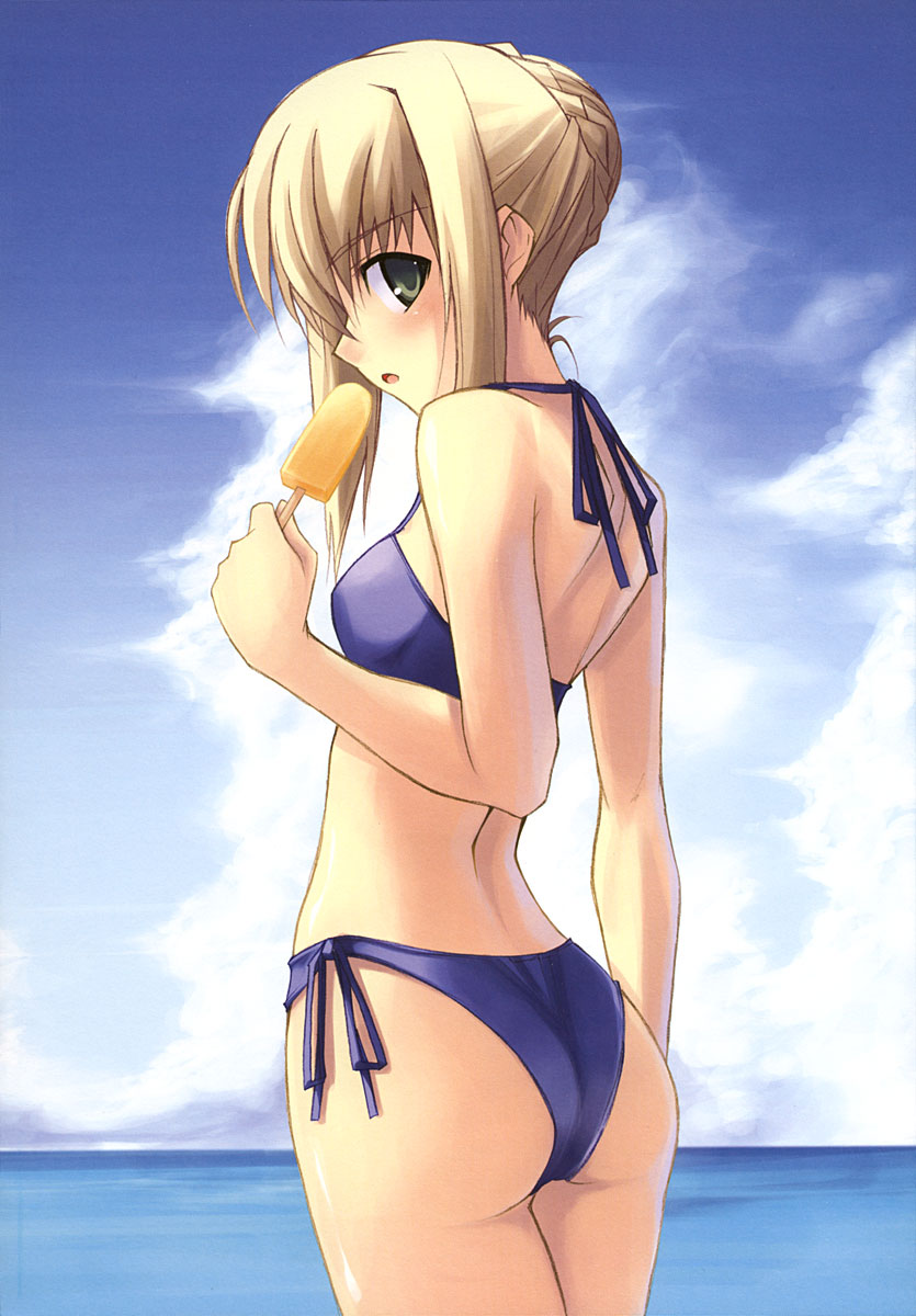 artoria_pendragon_(all) ass back bikini blonde_hair cloud day fate/stay_night fate_(series) food green_eyes highres holding looking_back open_mouth popsicle saber shingo_(missing_link) side-tie_bikini sky solo swimsuit water
