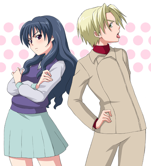 1girl artist_request back-to-back black_hair blonde_hair crossed_arms hand_on_hip howard long_hair long_sleeves looking_at_viewer menori mujin_wakusei_survive pleated_skirt profile serious skirt standing tongue tongue_out very_long_hair