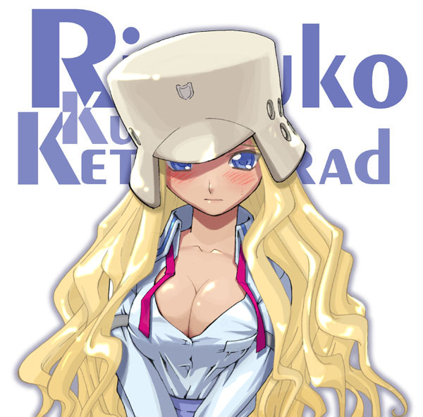 blonde_hair blue_eyes blush breasts character_name cleavage closed_mouth collarbone face haganemaru_kennosuke high_collar kujibiki_unbalance large_breasts long_hair long_sleeves looking_at_viewer open_clothes open_shirt ritsuko_kubel_kettenkrad shirt simple_background solo white_background