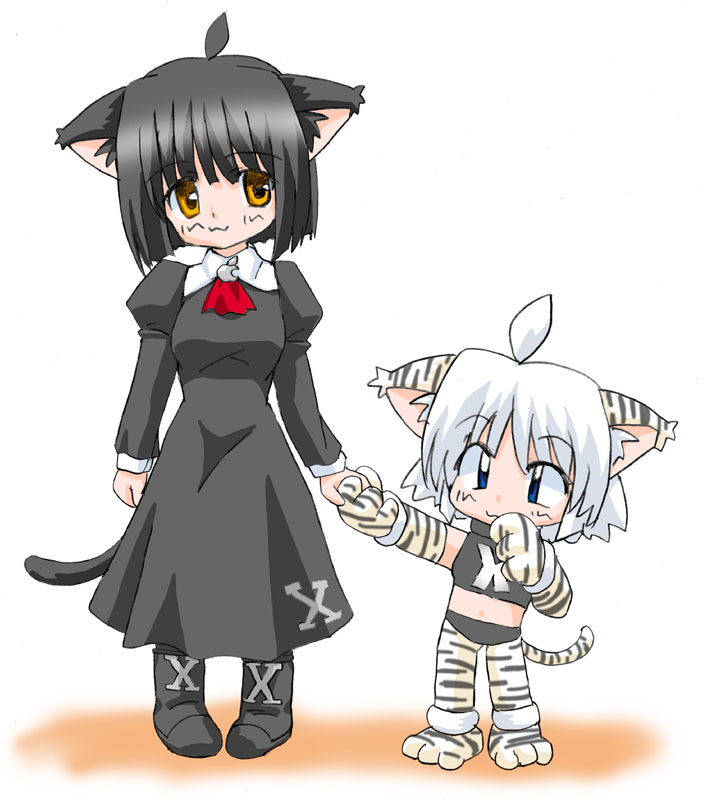 :3 ahoge animal_ears artist_request black_hair blue_eyes cat_ears cat_tail gloves height_difference multiple_girls orange_eyes os-tan osx panther paw_gloves paws simple_background tail tiger white_hair yellow_eyes