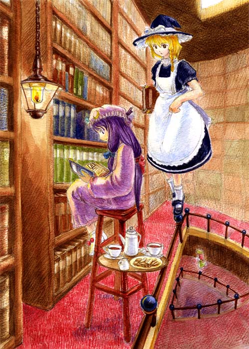 apron artist_request bad_perspective blonde_hair book bookshelf bow braid china_dress chinese_clothes cookie creamer_(vessel) crescent cup dress floating food hair_bow hair_ribbon hat hat_bow hong_meiling indoors kirisame_marisa library long_sleeves mary_janes multiple_girls night_clothes patchouli_knowledge purple_hair reading red_hair ribbon saucer shoes short_sleeves sidelocks sitting socks source_request tea_set teacup teapot touhou tress_ribbon voile witch_hat