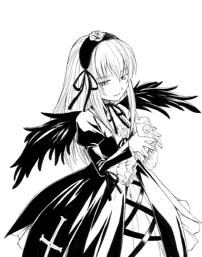 artist_request bangs cowboy_shot drinking_straw eyebrows_visible_through_hair flower frilled_hairband frills gothic_lolita greyscale hair_flower hair_ornament hairband half-closed_eyes high_contrast holding lolita_fashion long_hair long_sleeves looking_at_viewer monochrome rozen_maiden solo standing suigintou wings