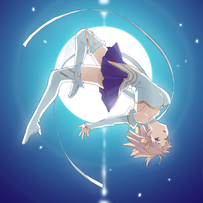 arched_back arcueid_brunestud bare_shoulders blonde_hair boots breasts choker cleavage cosplay crescent crescent_hair_ornament detached_sleeves dress full_moon hair_ornament high_heels magical_girl medium_breasts moon phantas-moon red_eyes shoes short_hair skirt solo somersault strapless strapless_dress takenashi_eri thigh_boots thighhighs tsukihime upside-down zettai_ryouiki