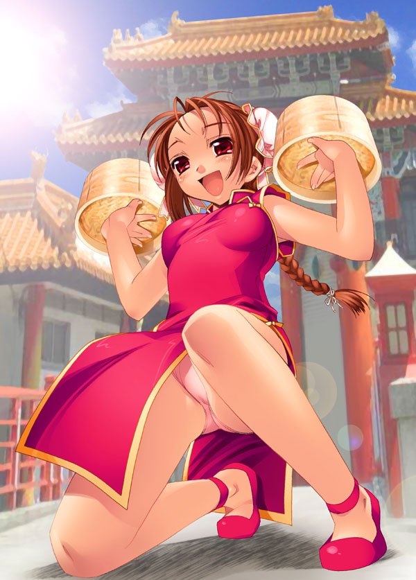 :d \||/ bamboo_steamer braid brown_hair bun_cover china_dress chinese_clothes copyright_request day dorsiflexion double_bun dress food hiyohiyo lens_flare one_knee open_mouth outstretched_wrists panties pantyshot pink_panties red_eyes smile solo sun underwear