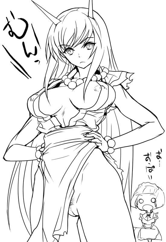 akaga_hirotaka areolae beads belt bracelet breasts breasts_apart chibi covered_nipples fingernails frown greyscale hands_on_hips himeno_fumi horns japanese_clothes jewelry kazahana_mashiro large_breasts lineart loincloth long_fingernails long_hair maid maid_headdress monochrome multiple_girls my-hime necklace ninja nipple_slip nipples no_bra no_panties o_o one_breast_out oni open_mouth pubic_hair pussy short_hair spoilers surprised translated uncensored very_long_hair