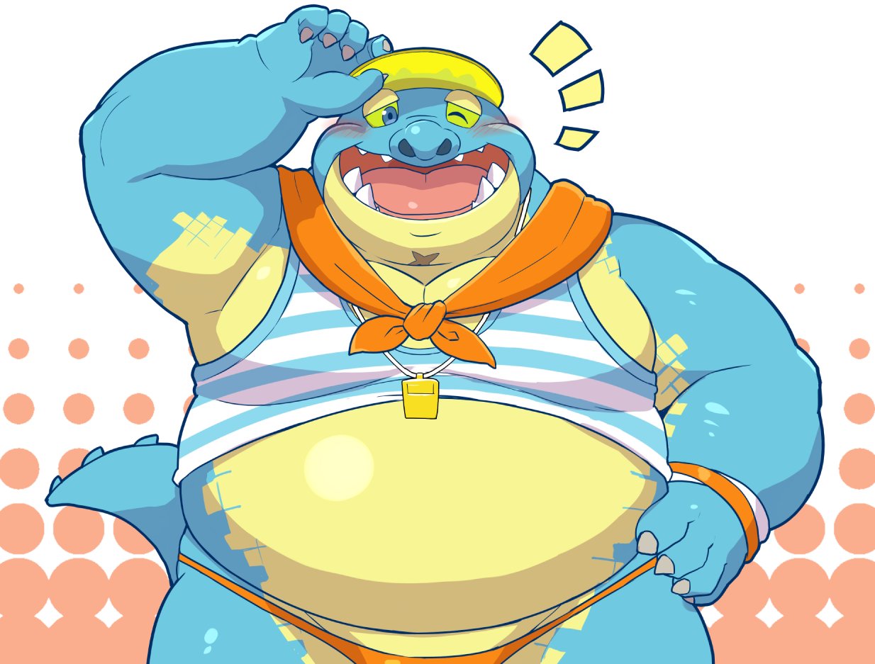12beat13 belly blush clothing crocodile crocodilian fupa makara male one_eye_closed overweight overweight_male reptile scalie scar slightly_chubby speedo swimsuit tokyo_afterschool_summoners video_games visor_cap whistle wink