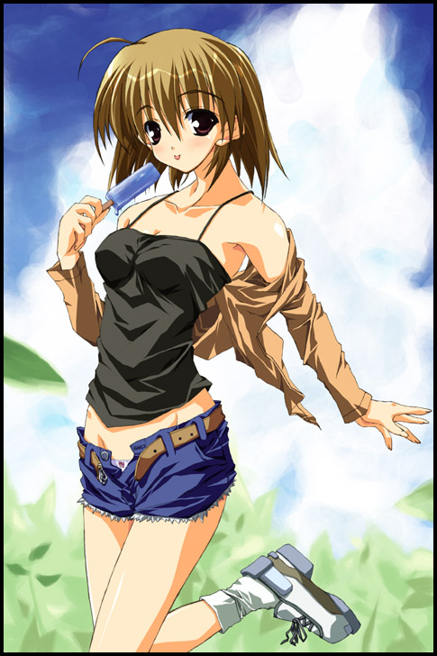 :p ahoge bare_shoulders belt brown_eyes brown_hair camisole cloud day denim denim_shorts food frame groin leg_up long_sleeves looking_at_viewer open_fly original outdoors panties popsicle shinya_puu short_hair short_shorts shorts socks solo standing standing_on_one_leg tongue tongue_out underwear unzipped white_panties