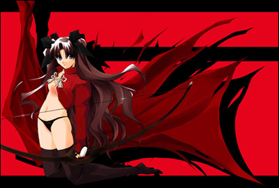 black_legwear black_panties blue_eyes bow bow_(weapon) brown_hair fate/stay_night fate_(series) hair_bow kneeling long_hair long_sleeves looking_at_viewer lowres nagare_hyougo navel open_clothes panties solo thighhighs toosaka_rin two_side_up underwear very_long_hair weapon